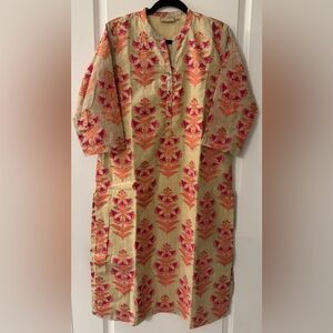 #9043 Utsa Cotton Linen Blend 3/4 Sleeve Kurta Long Tunic Dress Tan Pink Orange